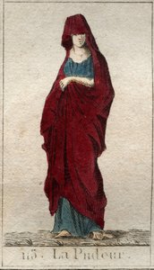 Repræsentation af Modestys guddom, en ung kvinde med et ansigt dækket med et slør. (Repræsentation af Prudishness, som en kvinde med tilsløret ansigt). Fra "Mythology of Youth" af Pierre Blanchard 1803. af French School