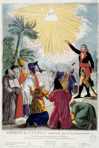 Repræsentation af tilbedelsesfriheden for alle religioner, der opretholdes af Napoleon Bonaparte (1769-1821): den første konsul angiver treenighedens trekant, der symboliserer Gud, der kommer af repræsentanterne for hver religion: katolsk eveque, en jøde,  af French School
