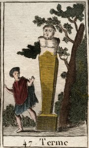 Repræsentation af guden Terme, i form af en terminal, for at markere besiddelser og landområder. (Repræsentation af guds endestation, som en stenterminal af jord og besiddelser). Fra "Mythology of Youth" af Pierre Blanchard 1803. af French School