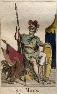 Repræsentation af krigsguden Mars, våben, nær en hane. (Krigsguden Mars bevæbnet med en stud). Fra "Mythology of Youth" af Pierre Blanchard 1803. af French School