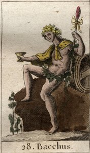 Repræsentation af guden for vin og høst Bacchus, med en kop i hånden. (Guden for vin og druehøst Bacchus med en kop vin). Fra "Mythology of Youth" af Pierre Blanchard 1803. af French School