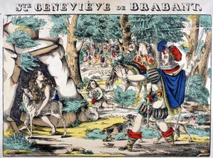 Repræsentation af legenden om Saint Genevieve af Brabant. Scene fra mødet mellem Genevieve forladt i skoven og hendes mand. Billede af Epinal af French School