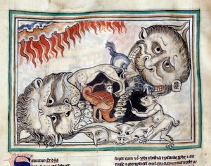 Repræsentationer af underverdenens skabninger, der slår den forbandede Miniature taget fra "The Apocalypse of Cambrai"" oplyst af den franske skole i det 13. århundrede. Fru 422. Kommunebibliotek, Cambrai af French School