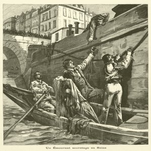 Redning af en kvinde fra floden Seinen i Paris (gravering) af French School