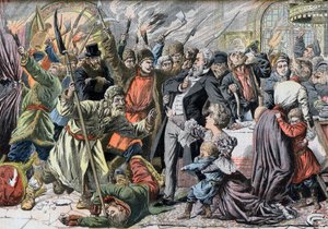 Revolution of 1905 - Oprørende russiske bønder invaderer et landsted. Jacquerie i de russiske provinser. Russiske bønders invasion af et slot gør oprør. Illustration til Le petit Journal, 2. april 1905. af French School