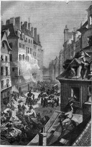 Revolution af 1830: kamp i faubourg Saint Antoine. Indgravering i "Historien om paver-konger-dronninger og kejsere gennem århundrederne"" af Maurice Lachatre af French School