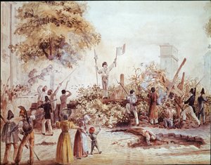 Julirevolutionen i Paris - Barrikade i Boulevard Saint Martin den 1. august (akvarel, ca. 1830) af French School