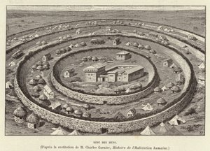 Ring des Huns. Ringformede fæstningsværker, der beskytter en hunernes bosættelse (gravering) af French School