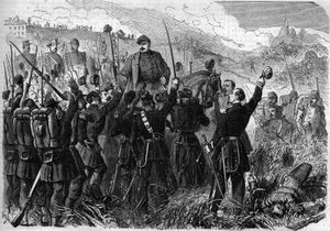 Risorgimento - Slaget ved Montebello della Battaglia (Italien), 21. maj 1859: Den franske general Elie Frederic Forey (1804 - 1872), øverstbefalende for den italienske hær, blev sejret af sine soldater efter sin sejr over den østrigske hær. Indgravering i  af French School