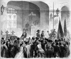 Risorgimento, Napoli, 7. november 1860: Victor Emmanuel II (Victor-Emmanuel) (Vittorio Emanuele) (1820-1878), konge af Italien, indtog det kongelige palads i Napoli efter afstemningen blandt befolkningen, der accepterede Napolis tilknytning til Napoli Kong af French School