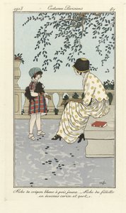 Hvid Crépon-kjole med gule prikker - Pigekjole i kirsebær og grøn skotskternet, fra Costumes Parisien, pub.1913 (stenciltryk) af French School