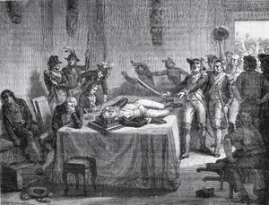 Robespierre venter på henrettelse efter at have skudt sig selv i kæben i 1794 af French School