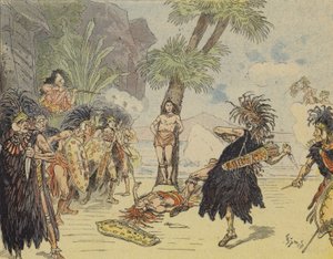 Robinson Crusoe tappaa kannibaalipäällikön ja pelastaa perjantain hengen (värilitho) af French School