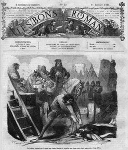 Romersk føljeton: "" Notre Dame de Paris"" af Victor Hugo (1802-1885). En mand dræner to kvinder på broen. Indgravering i "" Les bons romances"" af French School