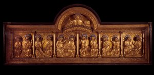 Romansk kunst: altertavle af Pentecote: antependium i træ, kobber og emalje. Fra Stavelot (Meuse) Omkring 1160-1170. Paris, Nationalmuseet for middelalderen, Thermes de Cluny af French School