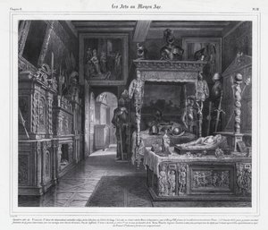 Værelse på Hotel de Cluny, Paris, hvor Mary Tudor tilbragte sin sørgeperiode i 1515 efter sin mands, kong Ludvig XII af Frankrigs død (litho) af French School