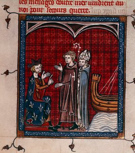 Royal 16 G. VI, f.337 Kong Philip II og Patriark, illustration fra 