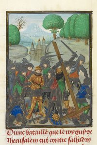 Royal MS 15 E I, f. 433v, Guy af Lusignans nederlag af Saladin og tabet af korset, fra 