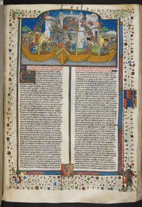 Royal MS 15 E VI, f.207 Miniature af skibe, der belejrer Corunna, fra 
