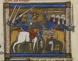 Royal MS 19 D I, f.77v Slaget ved Genghis Khan og Prester John, fra 
