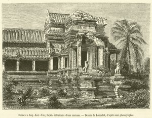Ruiner ved Angkor-Vat, indvendig facade af et hus (gravering) af French School