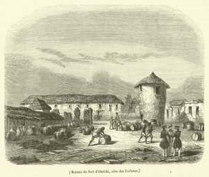 Ruinerne af Oueida-fortet, cote des Esclaves (kobberstik) af French School