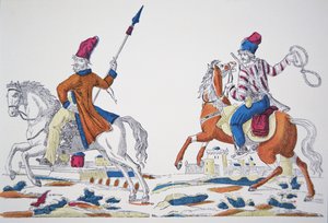 Russiske kosakker på tidspunktet for Napoleons invasion i 1812 (farve litho) af French School