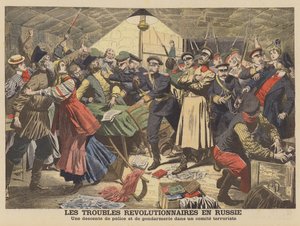 Russisk politi bryder et revolutionært møde op (color litho) af French School