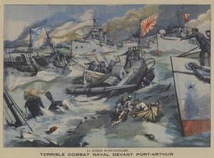 Russisk-japansk krig: søslag ud for Port Arthur (farve litho) af French School