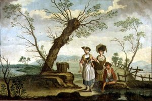Rustikt landskab med vaskekoner og en bonde af French School