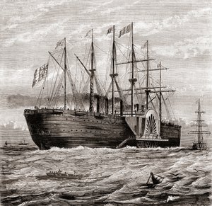 SS Great Eastern, jernsejlende dampskib designet af Isambard Kingdom Brunel, fra Les Merveilles de la Science, udgivet ca. 1870 (gravering) af French School