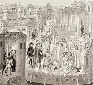 Saint Gaugericus, biskop af Cambrai, ankommer til byen for sin udnævnelse, fra 
