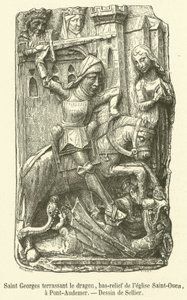 Saint George dræber dragen, basrelief af Saint-Ouen kirken, i Pont-Audemer (gravering) af French School