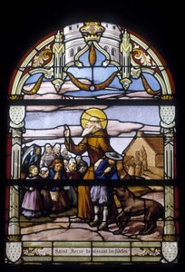 Der heilige Hervé segnet die Gläubigen - Buntglasfenster der St. Germain Kirche in Kerlaz von French School