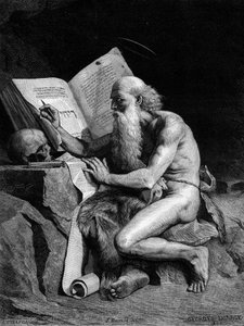 Sankt Hieronymus i ørkenen. Stik efter maleriet af Georges Sauvage (Auguste Albert Georges Sauvage dit) (1800-tallet). Indgravering i "" Le Monde Illustré"" nr. 1196 af 28. februar af French School