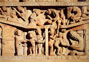 Sankt Peter modtager de velsignede til himlen og de fordømte fald i helvedes kæber, detaljer fra den sidste dom på Vestportalen Tympanum, ca. 1135 af French School