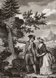 Saint Preux og Julie gravering fra 1793 til "Julie ou la nouvelle Heloise" af den schweiziske filosof Jean Jacques (Jean-Jacques) Rousseau (1712-1778) - Julie og Saint-Preux, illustration fra 