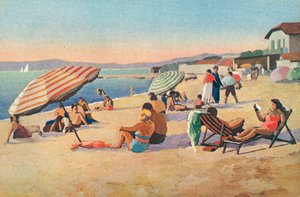 Saint Tropez: Bouillabaisse-stranden (farvelitografi) af French School