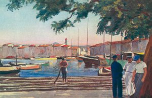 Saint Tropez: Havnen (farvelitografi) af French School
