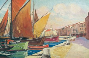 Saint Tropez: Sejlbåd i havn (farvelitografi) af French School