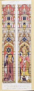 Saint Valerie, jomfru og martyr i Limoges (3. århundrede) og Saint Martial, eveque af Limoges (3. århundrede), protektorer af Aquitaine. Fac-lignelse, der gengiver de farvede glasvinduer i Cathedrale de Limoges. af French School