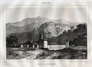 Santa Maria di Vallombrosa benediktinerkloster beliggende i kommunen Reggello, i Toscana - Vallombrosa kloster - Gravering fra "" Italy Picturesque"" - Historisk og beskrivende maleri af Italien"" af M. de Norvins, Ch. Nodier 1834-1836. af French School