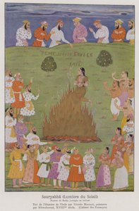 Sati, traditionen med, at en enke ofrer sig selv på sin mands ligbål i Indien (farvelitografi) af French School