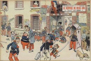Satire over indførelse af værnepligt i den franske hær. Illustration til Le Rire (farve litho) af French School