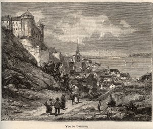Saumur departement Maine-et-Loire, i regionen Pays de la Loire - gravering i "Frankrig illustree: geografi, historie, statistisk administration" af V.-A. Malt-brun. 1884 af French School