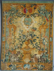 Savonnerie Panel: Fjeder med våbenskjold, fabrikant Savonnerie Factory, Frankrig, før 1717 af French School