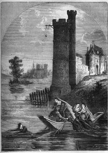 Skandale (affære) om tårnet i Nesle: Jean Buridan formåede at flygte fra tårnet i Nesle i 1314 på trods af bagholdet sat af dronning Marguerite af Bourgogne (1290-1315). Indgravering i "Histoire de la prostitution et de la debauche dans les peuples du glob af French School