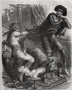 Scene fra Bibelen: "" Hun greb den alt for dydige unge mand ved hans tunika""". Putifars (Potifar) hustru forsøger at forføre Josef, en slave af faraoen. Indgravering fra 1871 i "Histoire Des Cocus Celebres"" af Henry de Kock (1819-1892). af French School