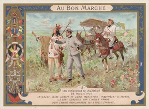 Scene fra romanen Les Cinq Sous de Lavarede, af Paul Ivoi (chromolitho) af French School