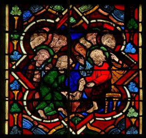 Scene i E-vinduet, der viser Kristus vasker sine disciples fødder af French School